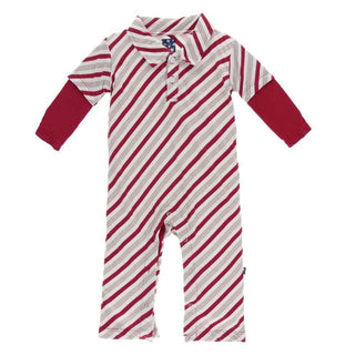 Holiday Bamboo Long Sleeve Double Layer Polo Romper - Rose Gold Candy Cane Stripe Baby One-Pieces