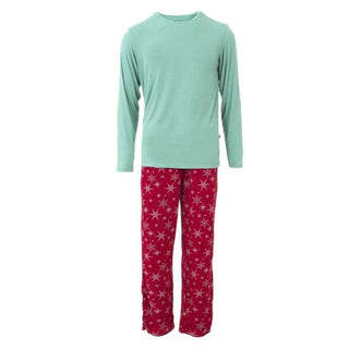 KicKee Men's Print Bamboo Long Sleeve Pajama Set - Crimson Snowflakes Pajamas