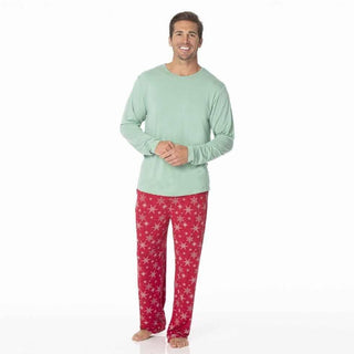KicKee Men's Print Bamboo Long Sleeve Pajama Set - Crimson Snowflakes Pajamas