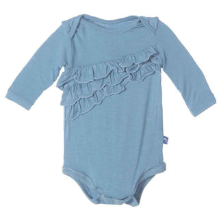 Solid Bamboo Long Sleeve Diagonal Ruffle One-Piece, Blue Moon Baby One-Pieces