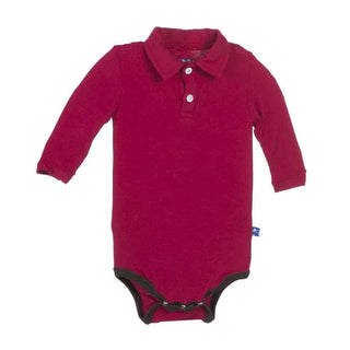 Solid Bamboo Long Sleeve Polo One-Piece, Crimson with Bark Baby One-Pieces