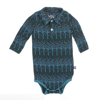 Bamboo Long Sleeve Polo One-Piece, Pine Frosted Birch Baby One-Pieces
