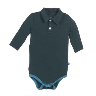 Solid Bamboo Long Sleeve Polo One-Piece, Pine with Bay Baby One-Pieces