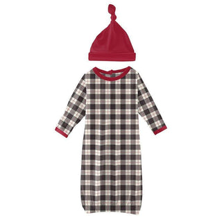 Newborn Print Bamboo Layette Gown & Single Knot Hat Set - Midnight Holiday Plaid Baby & Toddler Sleepwear