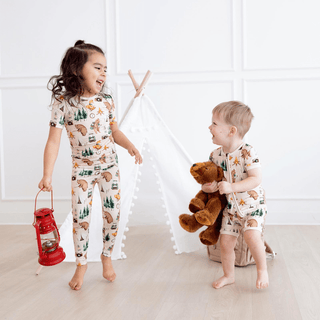 Bamboo Short Sleeve Pajama Set - Latte Camping Animals KicKee Pants Size: 2T