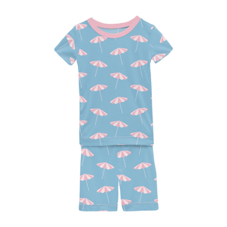 Bamboo Short Sleeve Pajama Set with Shorts - Seaside Blue Beach Umbrellas KicKee Pants Size: 2T