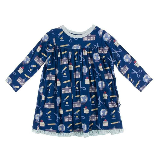 Kickee Pants Bamboo Girls Classic L/S Swing Dress, Navy Education 12-18 Months