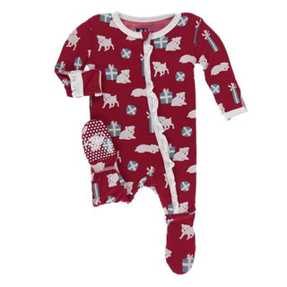 Print Bamboo Classic Ruffle Footie with Zipper - Crimson Puppies and Presents Baby & Toddler Sleepwear