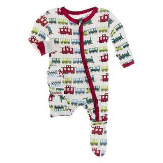 Print Bamboo Classic Ruffle Footie with Zipper - Natural Toy TrainKicKee PantsSize: Newborn