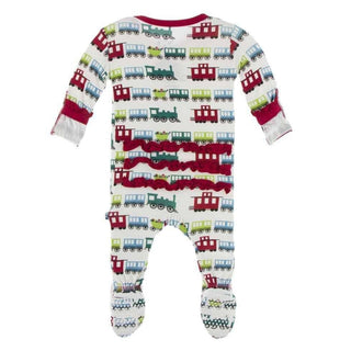 Print Bamboo Classic Ruffle Footie with Zipper - Natural Toy TrainKicKee PantsSize: Newborn
