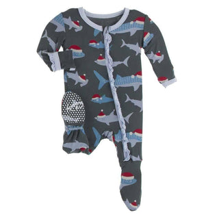 Print Bamboo Classic Ruffle Footie with Zipper - Pewter Santa Sharks Baby & Toddler Sleepwear