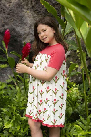 Print Bamboo Classic Short Sleeve Swing Dress - Natural Red Ginger Flowers Baby & Toddler Dresses