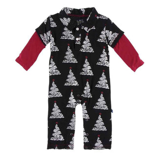 Print Bamboo Long Sleeve Double Layer Polo Romper - Midnight Foil Tree Baby One-Pieces