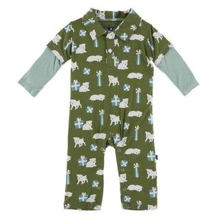 Print Bamboo Long Sleeve Double Layer Polo Romper - Moss Puppies and Presents Baby One-Pieces