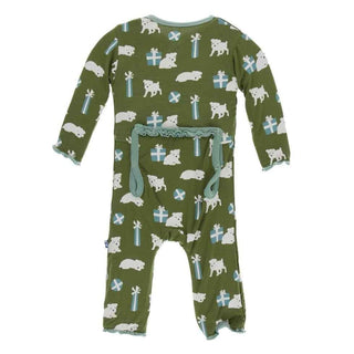 Print Bamboo Muffin Ruffle Coverall with Zipper - Moss Puppies and Presents KicKee Pants Size: 3-6 Months