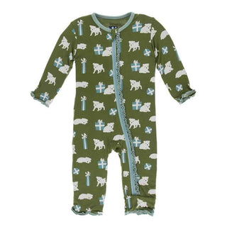 Print Bamboo Muffin Ruffle Coverall with Zipper - Moss Puppies and Presents KicKee Pants Size: 3-6 Months
