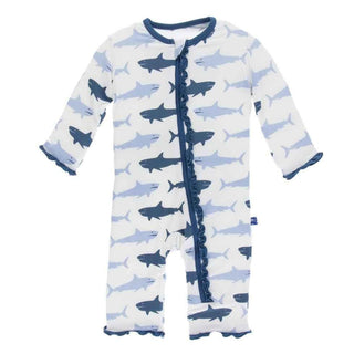 Print Bamboo Muffin Ruffle Coverall with Zipper - Natural Megalodon Baby & Toddler Sleepwear