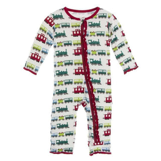 Print Bamboo Muffin Ruffle Coverall with Zipper - Natural Toy Train Baby & Toddler Sleepwear