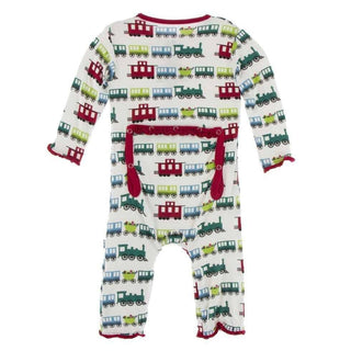 Print Bamboo Muffin Ruffle Coverall with Zipper - Natural Toy Train Baby & Toddler Sleepwear