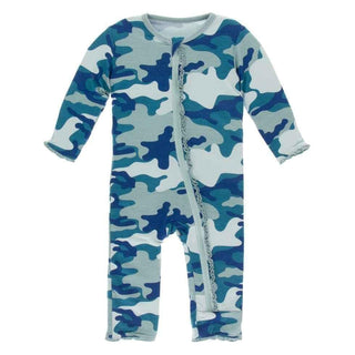 Print Bamboo Muffin Ruffle Coverall with Zipper - Oasis Military KicKee Pants Size: 6-9 Months
