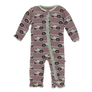 Print Bamboo Muffin Ruffle Coverall with Zipper - Raisin Tractor and Grass Baby & Toddler Sleepwear