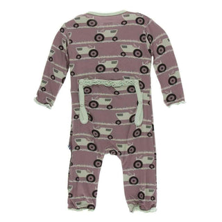 Print Bamboo Muffin Ruffle Coverall with Zipper - Raisin Tractor and Grass Baby & Toddler Sleepwear