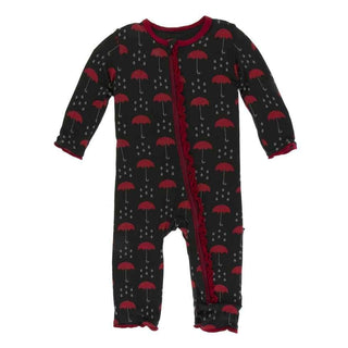 Print Bamboo Muffin Ruffle Coverall with Zipper - Umbrellas and Rain Clouds Baby & Toddler Sleepwear