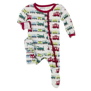 Print Bamboo Muffin Ruffle Footie with Snaps - Natural Toy Train KicKee Pants Size: Newborn