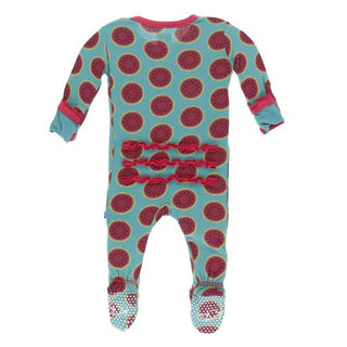 Print Bamboo Muffin Ruffle Footie with Snaps - Neptune Watermelon Baby & Toddler Sleepwear