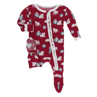 Print Bamboo Muffin Ruffle Footie with Zipper - Crimson Puppies and Presents Baby & Toddler Sleepwear