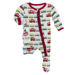 Print Bamboo Muffin Ruffle Footie with Zipper - Natural Toy TrainKicKee PantsSize: Newborn