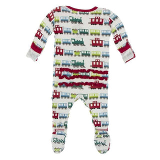 Print Bamboo Muffin Ruffle Footie with Zipper - Natural Toy TrainKicKee PantsSize: Newborn