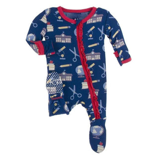 Print Bamboo Muffin Ruffle Footie with Zipper - Navy Education Baby & Toddler Sleepwear