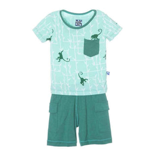 Print Bamboo Short Sleeve Tee with Pocket & Cargo Short Outfit Set, Glass Forest Monkey Baby & Toddler Outfits