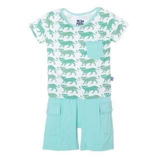 Print Bamboo Short Sleeve Tee with Pocket & Cargo Short Outfit Set, Natural Leopard Baby & Toddler Outfits