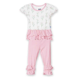 Girl's Bamboo Short Sleeve Double Ruffle Outfit Set, Natural Cactus Baby & Toddler Outfits