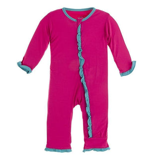 Solid Bamboo Classic Ruffle Coverall with Zipper (21S1) - Prickly Pear with Neptune Baby & Toddler Sleepwear