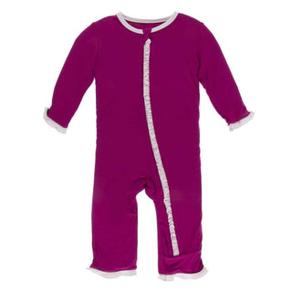 Solid Bamboo Classic Ruffle Coverall with Zipper - Berry with Macaroon Baby & Toddler Sleepwear