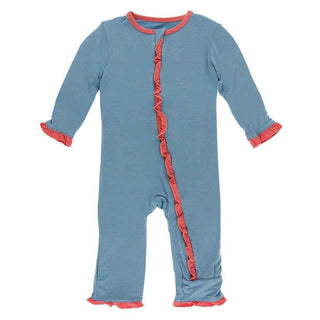 Solid Bamboo Classic Ruffle Coverall with Zipper - Blue Moon with English Rose Baby & Toddler Sleepwear