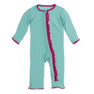 Solid Bamboo Muffin Ruffle Coverall with Zipper (21S1) - Glass with Prickly Pear (21S1) Baby & Toddler Sleepwear