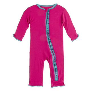 Solid Bamboo Muffin Ruffle Coverall with Zipper (21S1) - Prickly Pear with Neptune (21S1) Baby & Toddler Sleepwear
