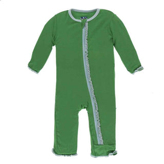 Solid Bamboo Muffin Ruffle Coverall with Zipper - Fern with Spring Sky Baby & Toddler Sleepwear