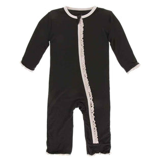 Solid Bamboo Muffin Ruffle Coverall with Zipper - Zebra with Macaroon Baby & Toddler Sleepwear
