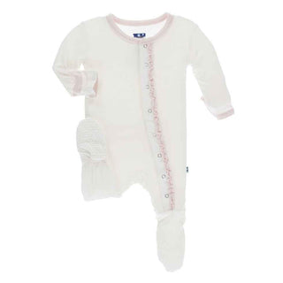 Solid Bamboo Muffin Ruffle Footie with Snaps - Natural with Macaroon Baby & Toddler Sleepwear