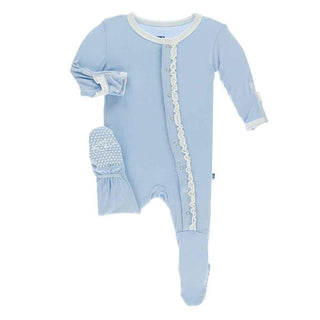 Solid Bamboo Muffin Ruffle Footie with Snaps - Pond with Natural Baby & Toddler Sleepwear