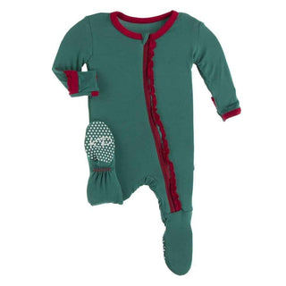 Solid Bamboo Muffin Ruffle Footie with Zipper - Ivy with Crimson WC20 Baby & Toddler Sleepwear
