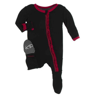 Solid Bamboo Muffin Ruffle Footie with Zipper - Midnight with Crimson WC20 KicKee Pants Size: Newborn