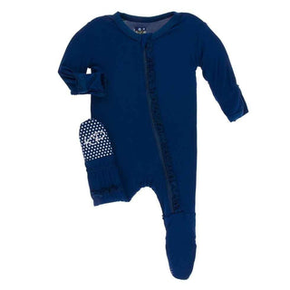Solid Bamboo Muffin Ruffle Footie with Zipper - Navy Baby & Toddler Sleepwear