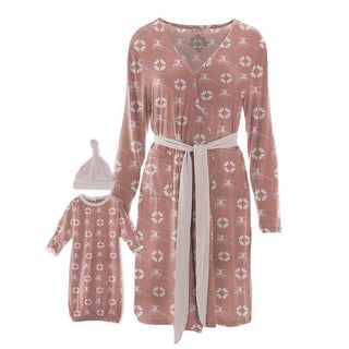 Women's Print Bamboo Maternity/Nursing Robe & Layette Gown Set - Antique Pink Lifeguard Robes