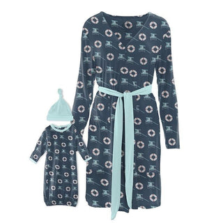 Women's Print Bamboo Maternity/Nursing Robe & Layette Gown Set - Deep Sea Lifeguard Robes